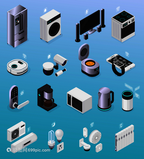 物聯(lián)網(wǎng)智能家居遙控電子設備等距圖標收集與冰箱電視爐子咖啡機矢量插圖
